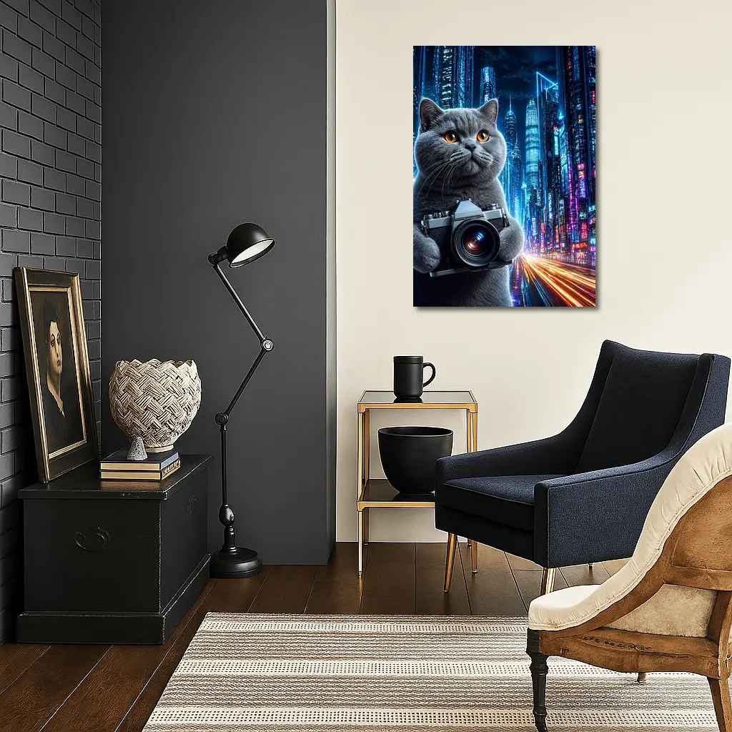British Shorthair Cat Photographer Neon Cyberpunk City – Wall Art