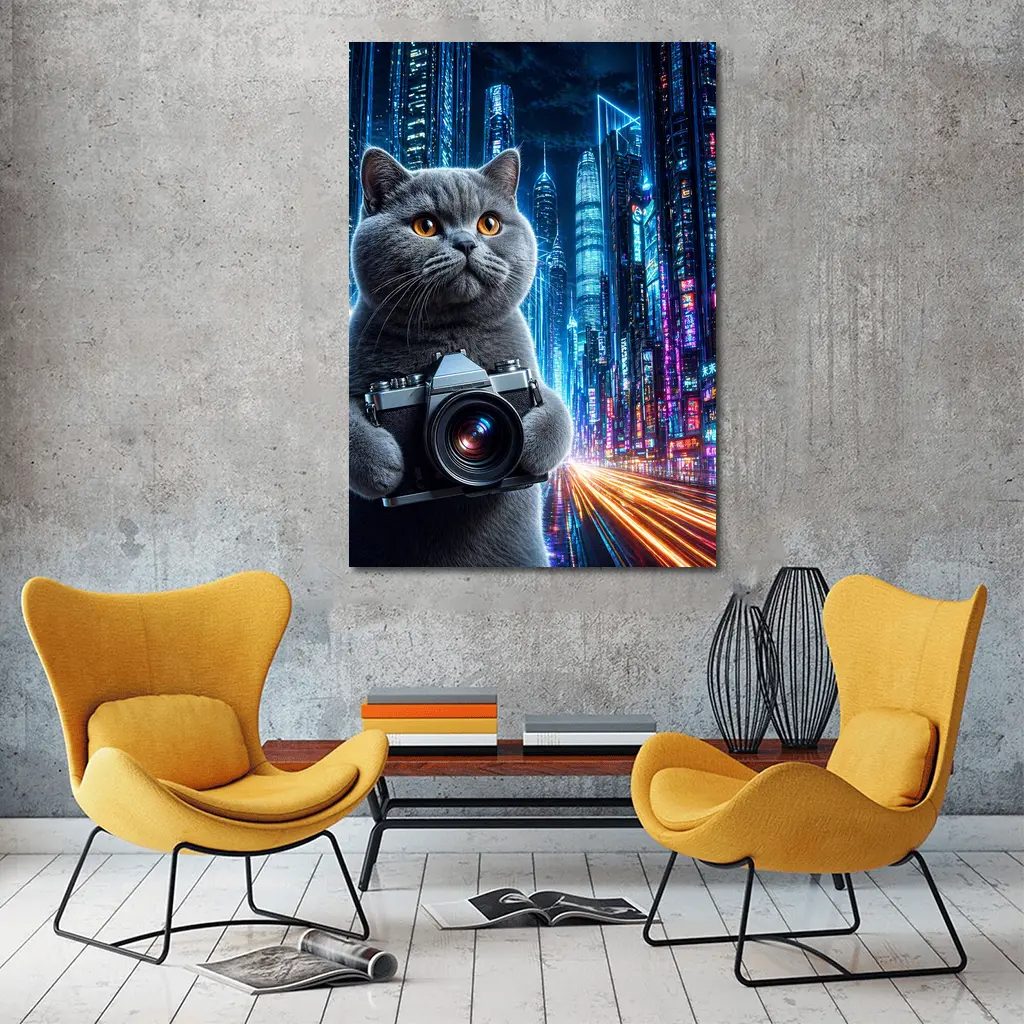 British Shorthair Cat Photographer Neon Cyberpunk City – Wall Art