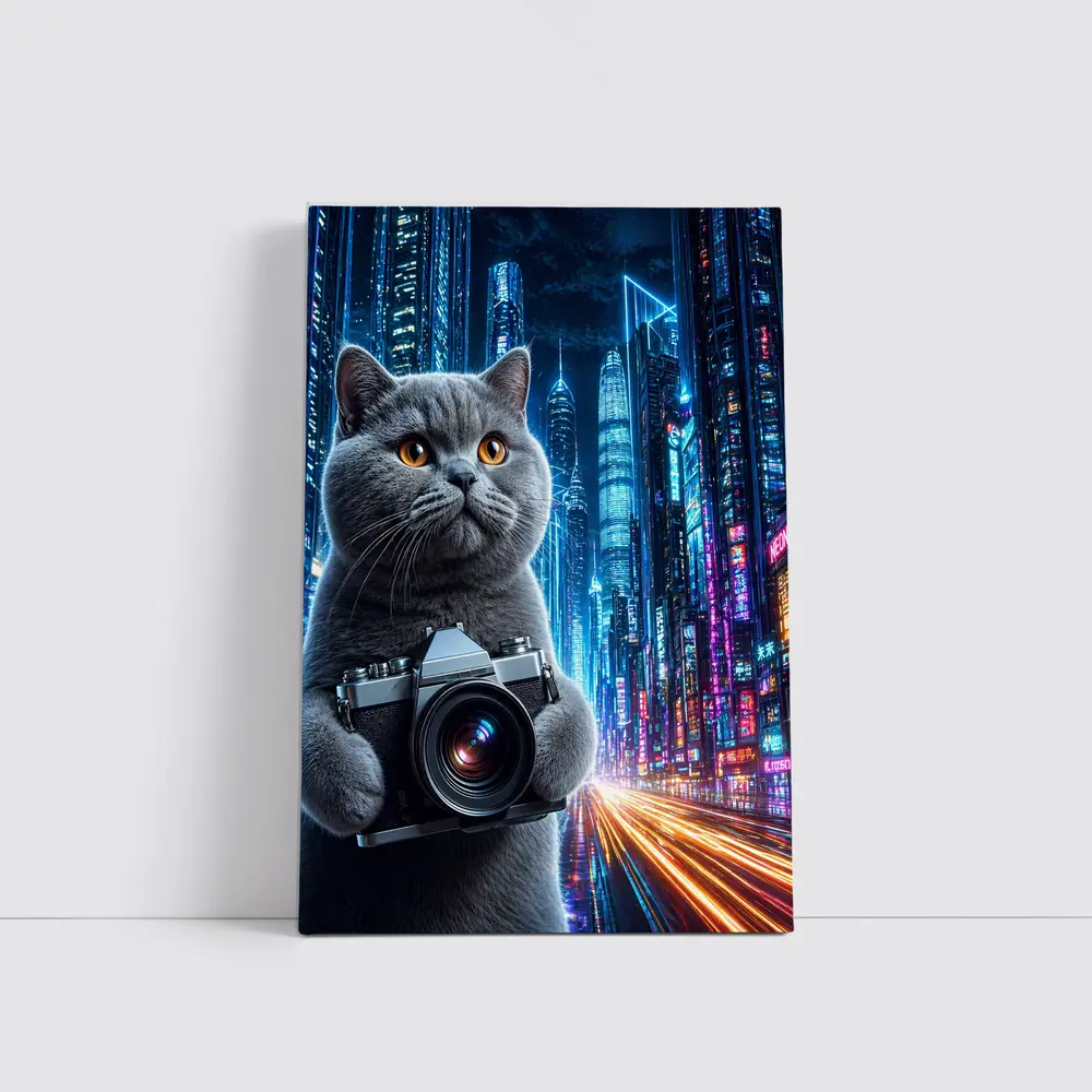 British Shorthair Cat Photographer Neon Cyberpunk City – Wall Art