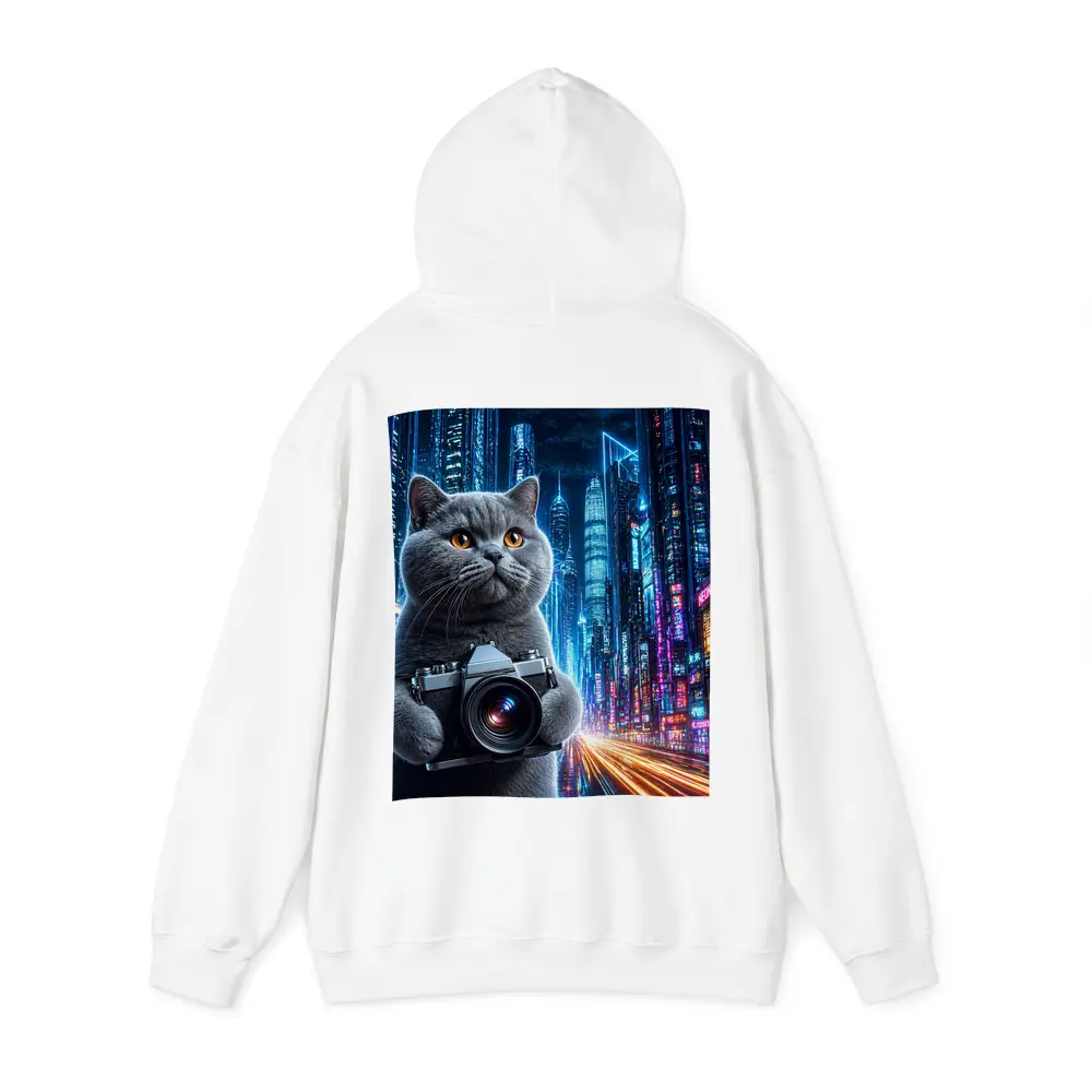 British Shorthair Cat Photographer Neon Cyberpunk City – Hoodies