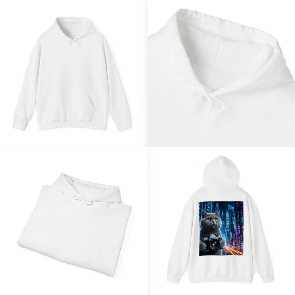 British Shorthair Cat Photographer Neon Cyberpunk City – Hoodies