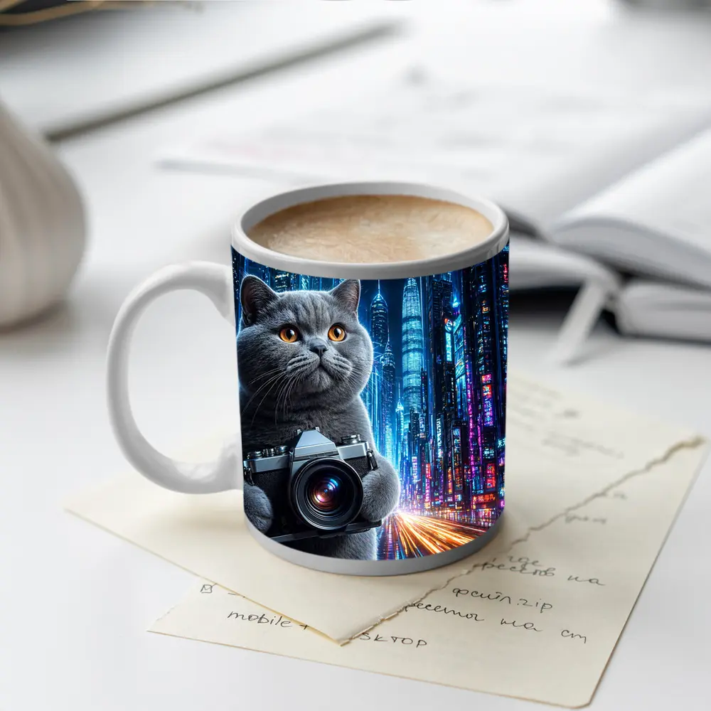 British Shorthair Cat Photographer Neon Cyberpunk City – Mugs