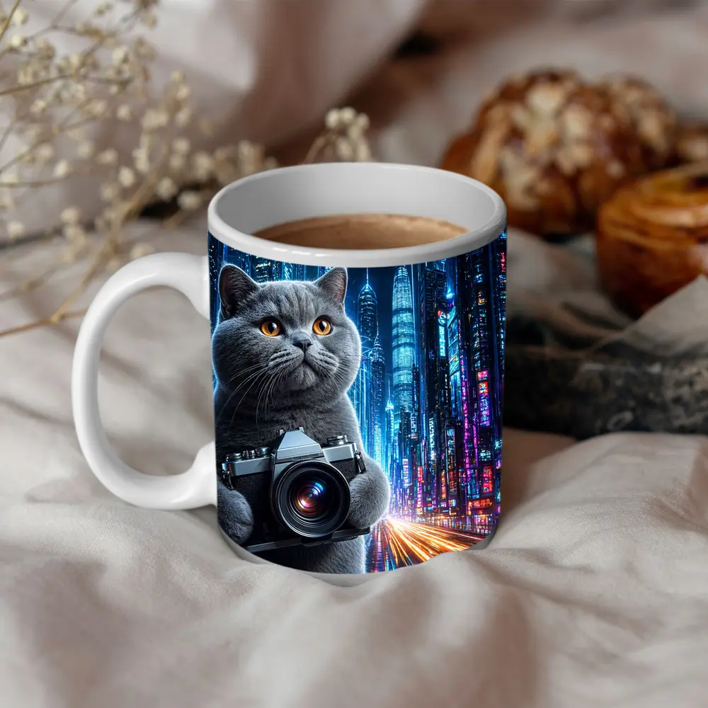 British Shorthair Cat Photographer Neon Cyberpunk City – Mugs