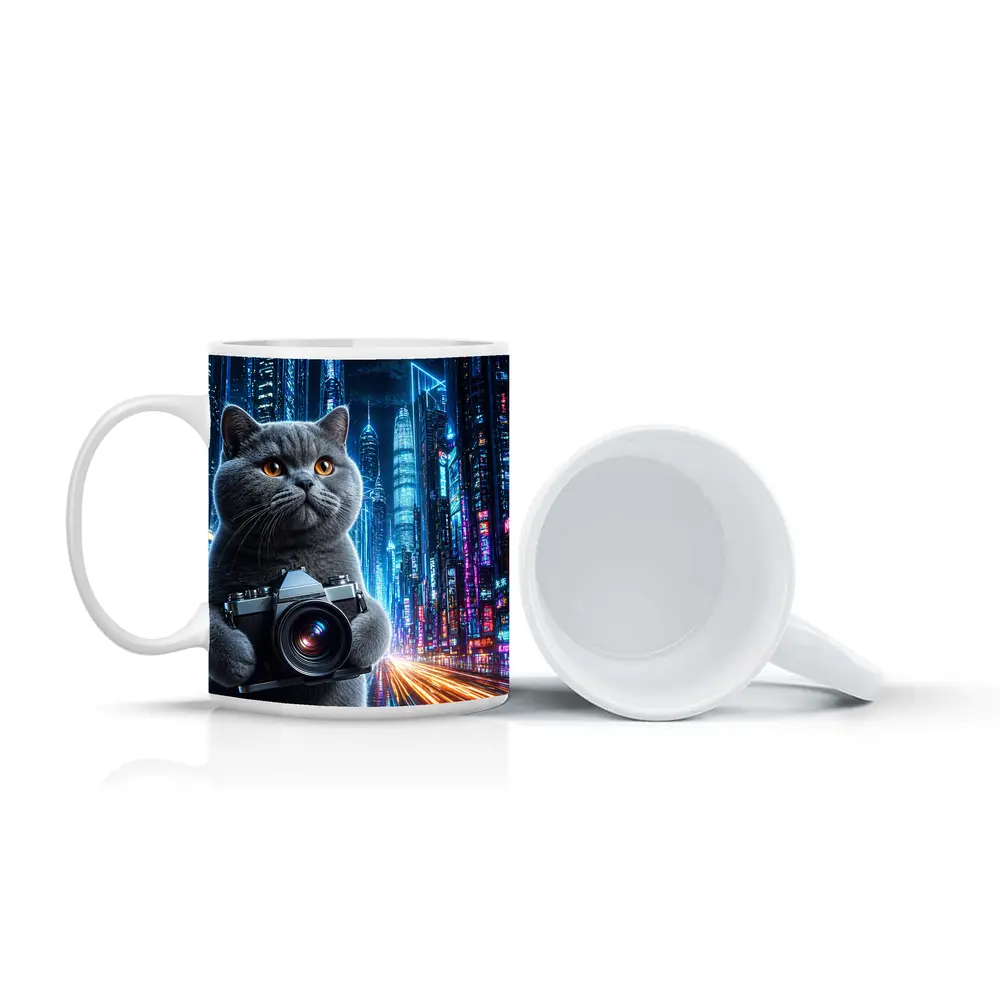 British Shorthair Cat Photographer Neon Cyberpunk City – Mugs