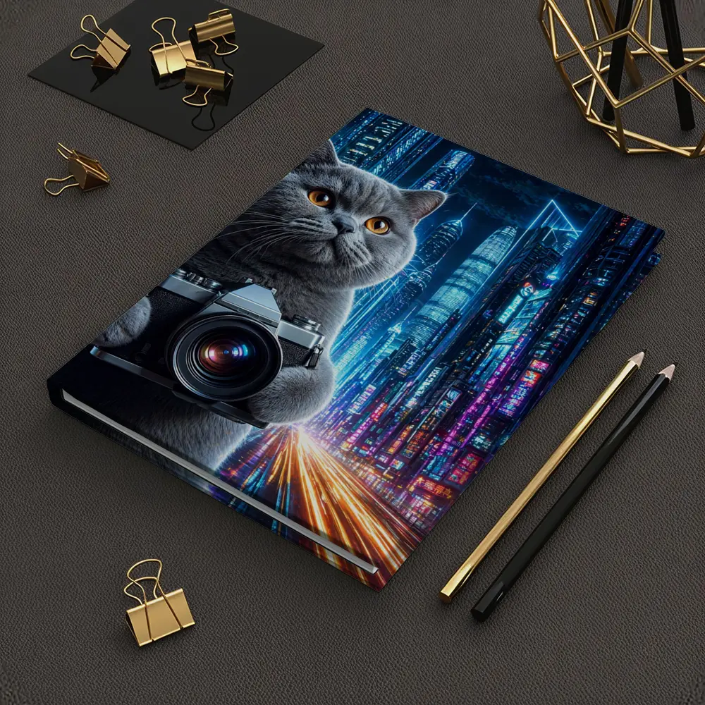 British Shorthair Cat Photographer Neon Cyberpunk City – Notebooks