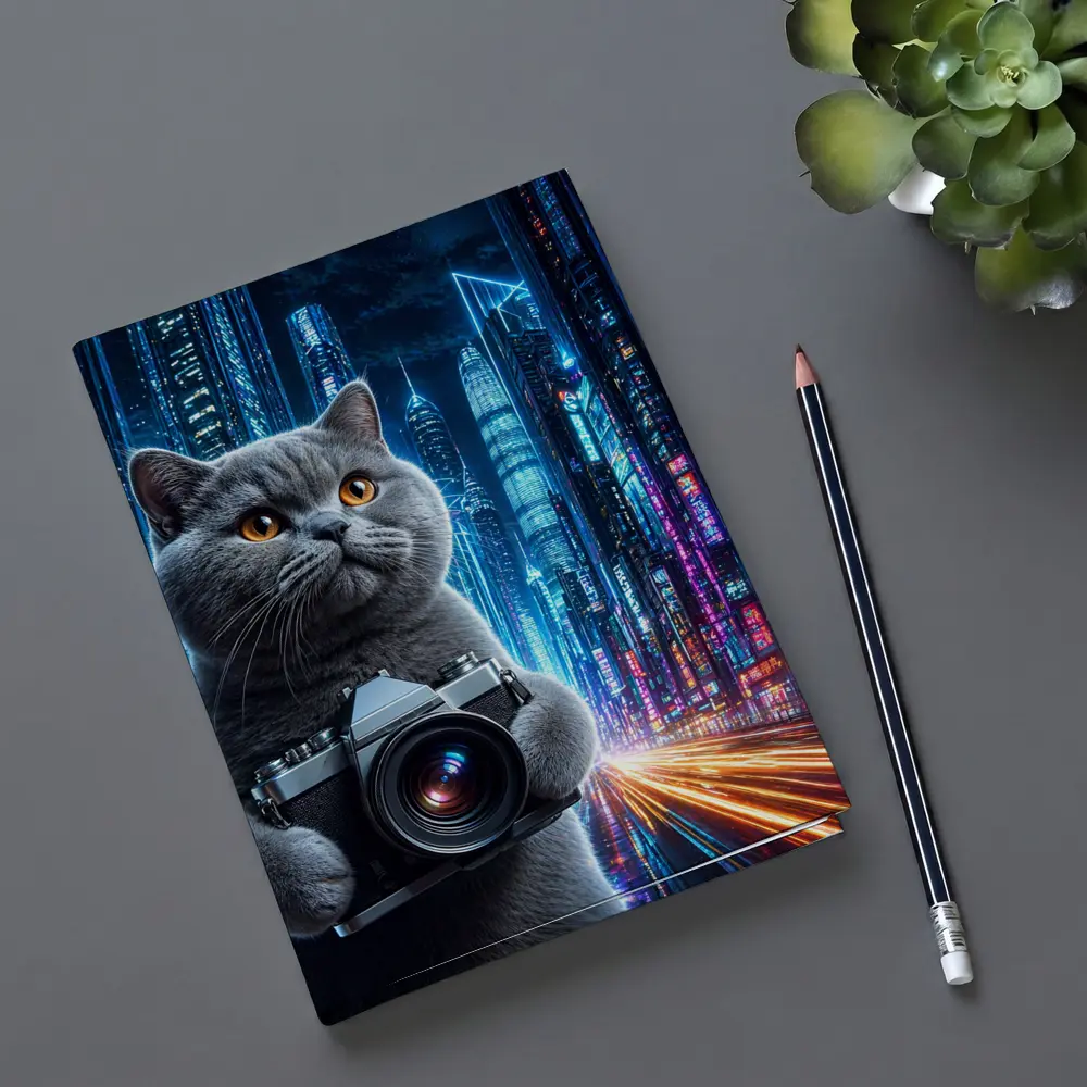 British Shorthair Cat Photographer Neon Cyberpunk City – Notebooks