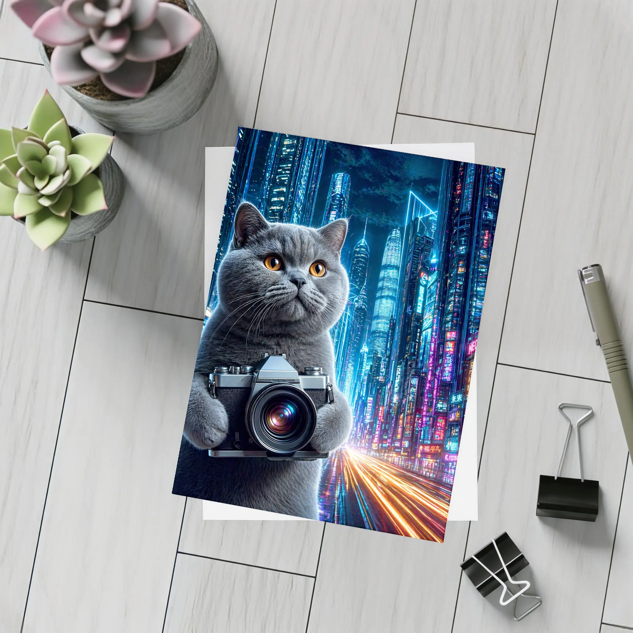 British Shorthair Cat Photographer Neon Cyberpunk City – Postcards
