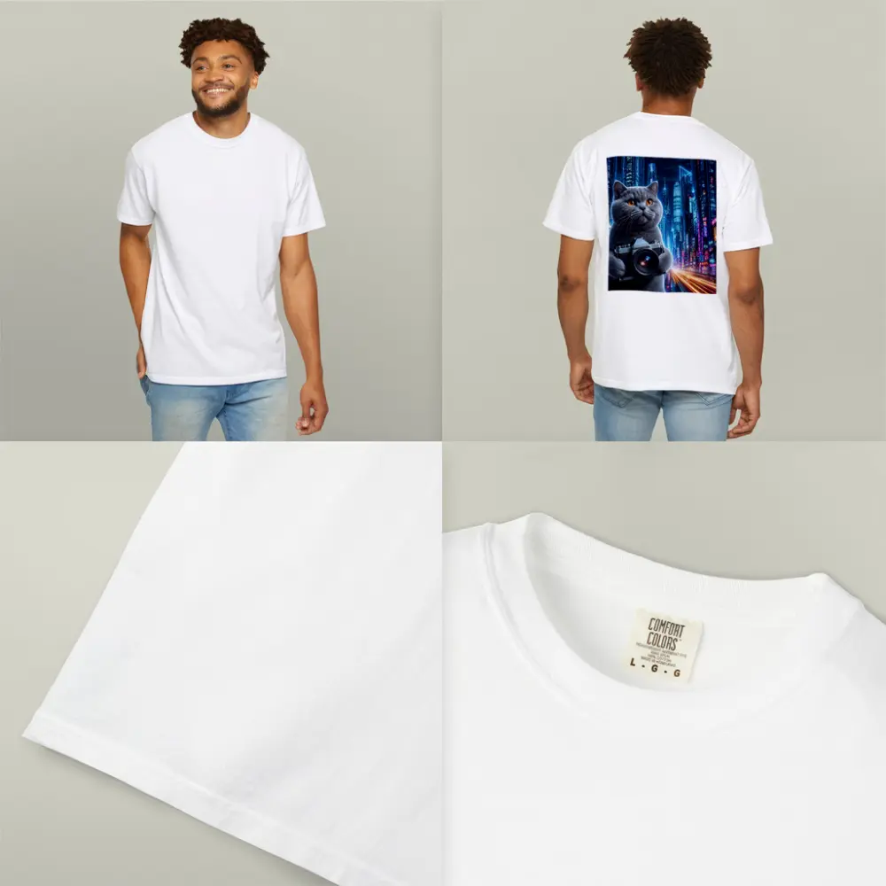 British Shorthair Cat Photographer Neon Cyberpunk City – T-Shirts