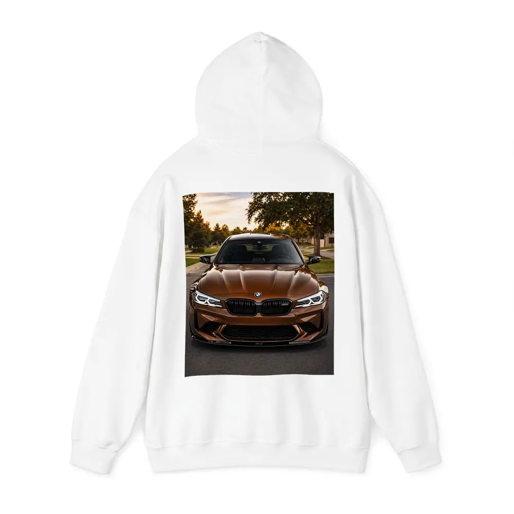BMW M5 Brown Front View Suburban Sunset – Hoodies