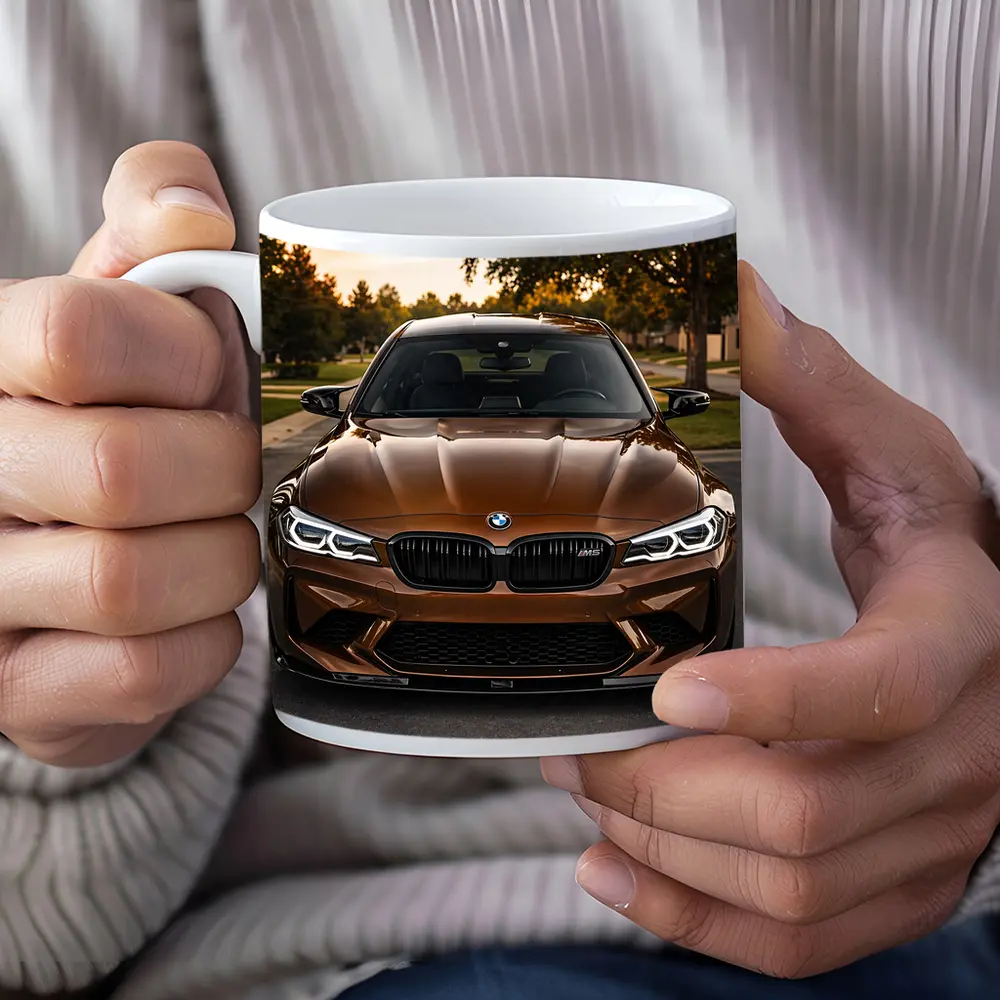 BMW M5 Brown Front View Suburban Sunset – Mugs