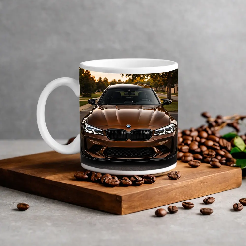 BMW M5 Brown Front View Suburban Sunset – Mugs