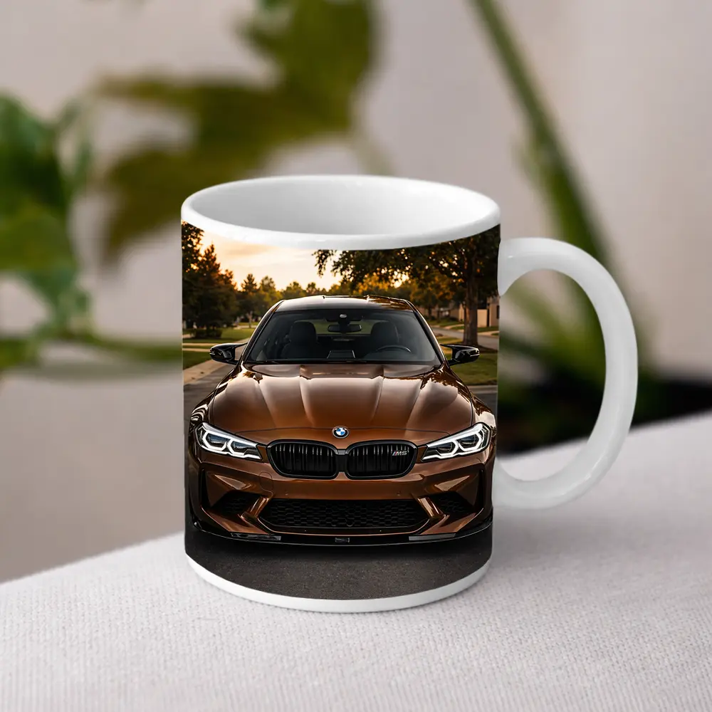 BMW M5 Brown Front View Suburban Sunset – Mugs