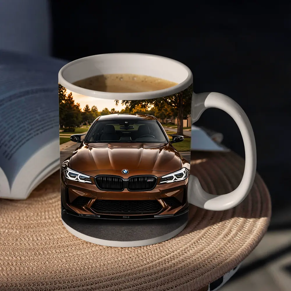 BMW M5 Brown Front View Suburban Sunset – Mugs