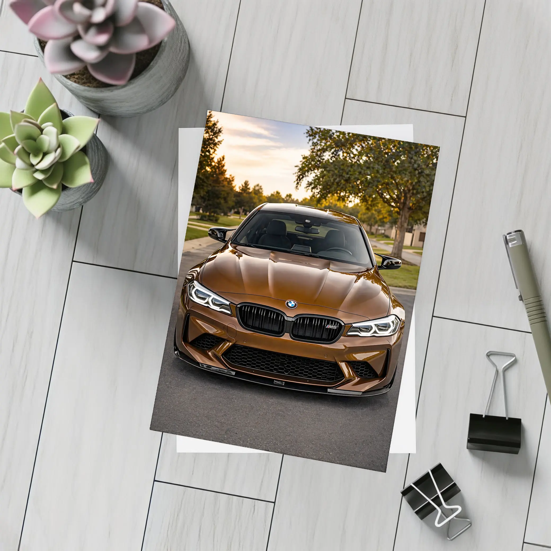 BMW M5 Brown Front View Suburban Sunset – Postcards