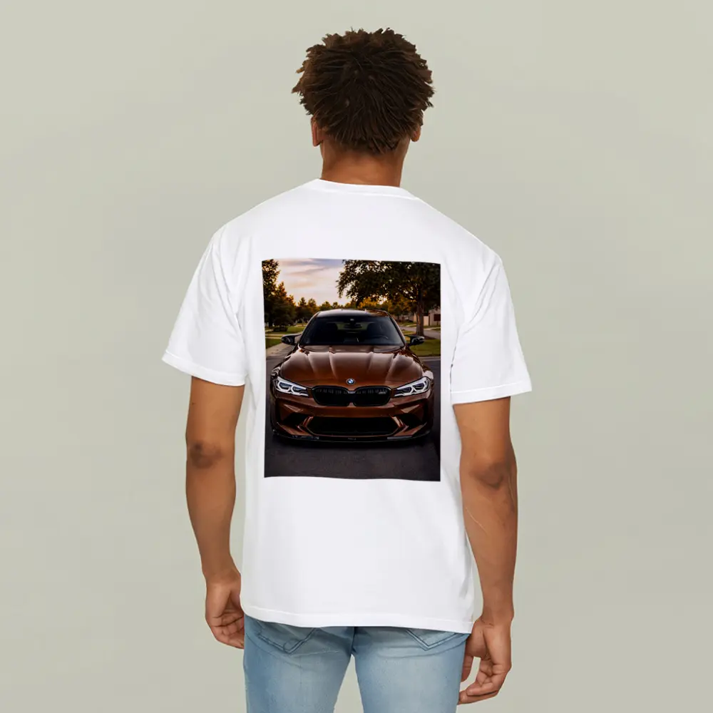 BMW M5 Brown Front View Suburban Sunset – T-Shirts