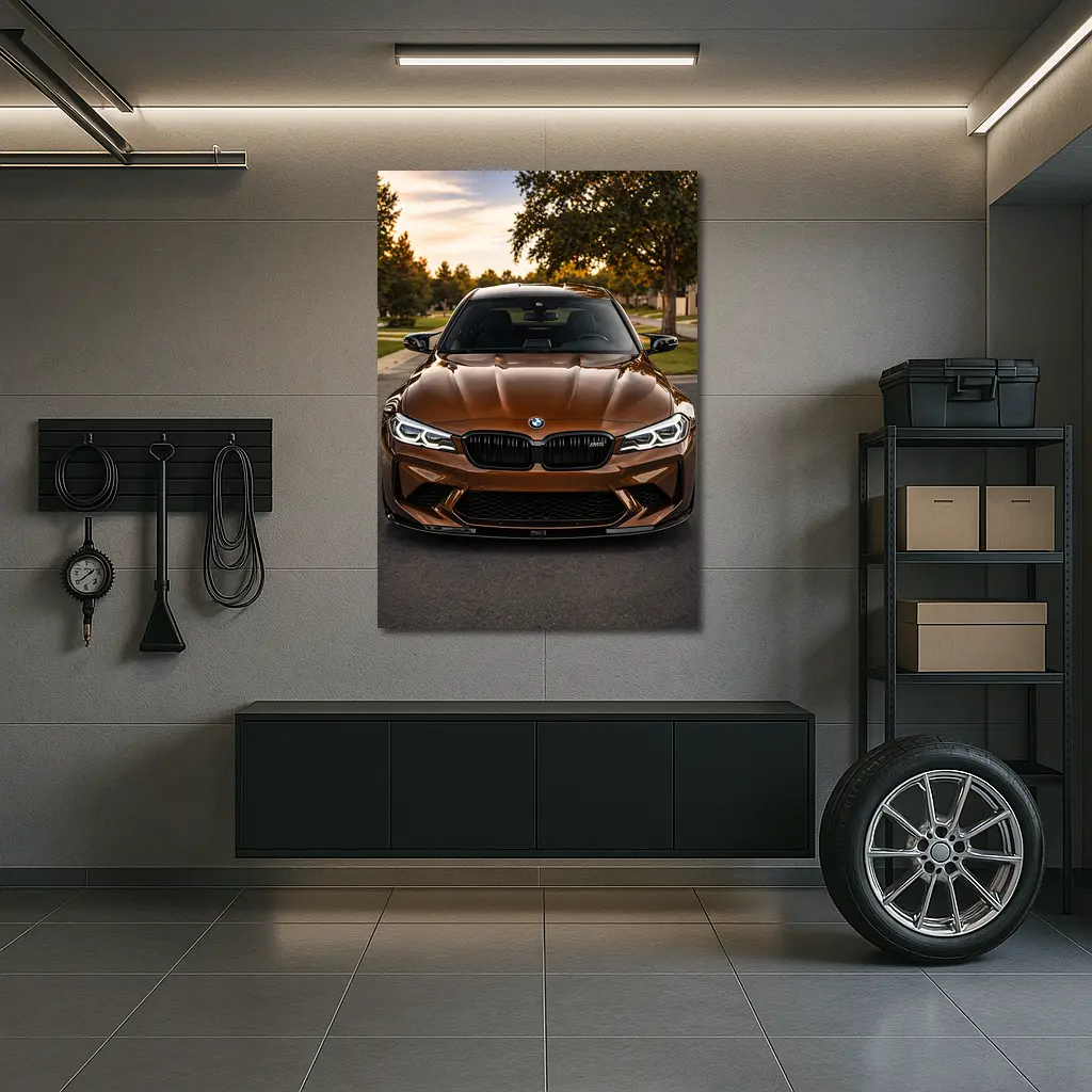 BMW M5 Brown Front View Suburban Sunset – Wall Art