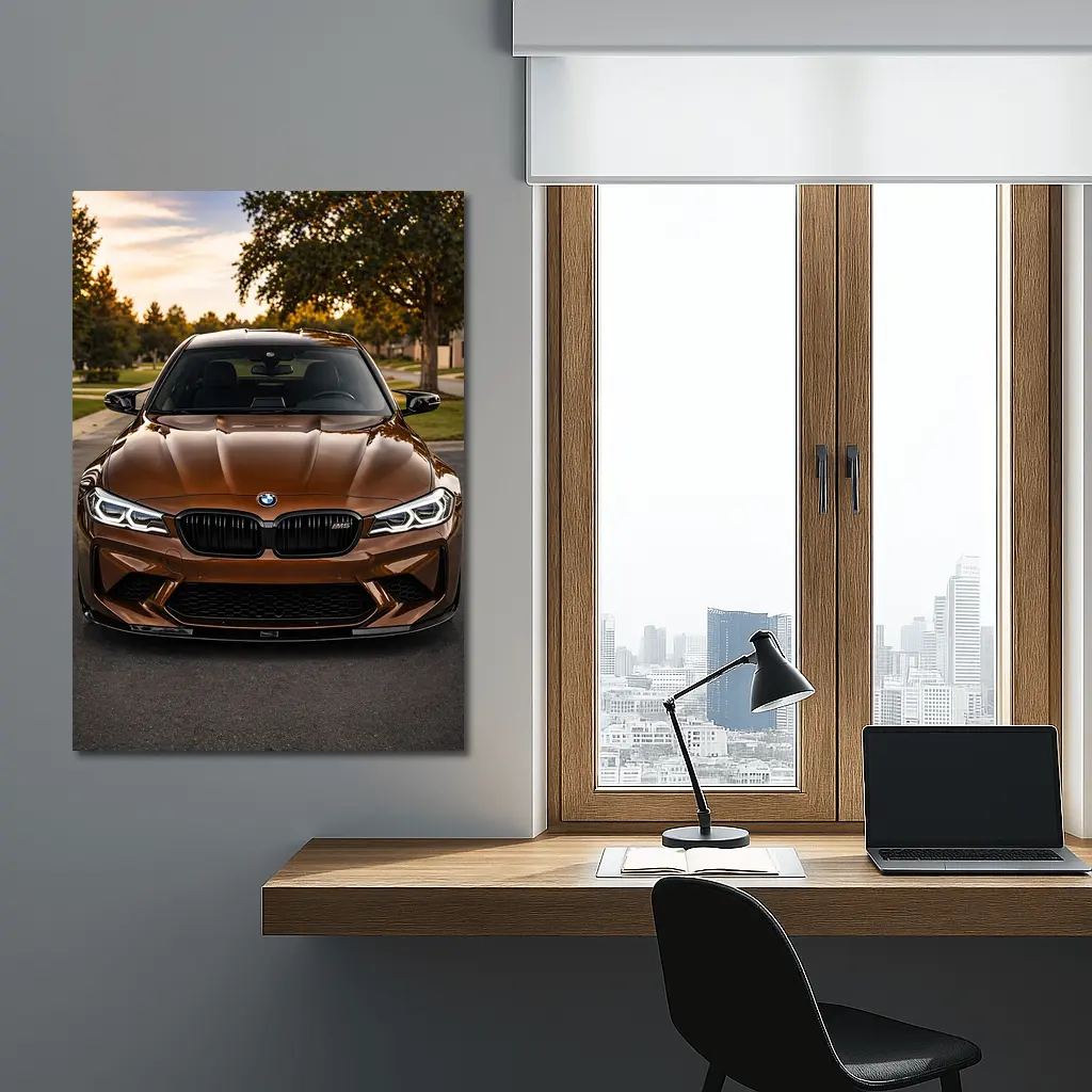 BMW M5 Brown Front View Suburban Sunset – Wall Art
