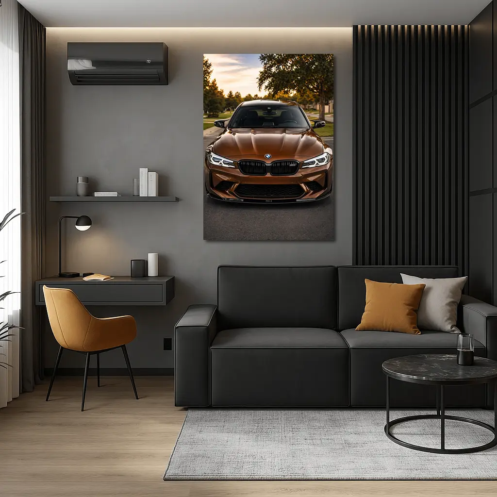 BMW M5 Brown Front View Suburban Sunset – Wall Art
