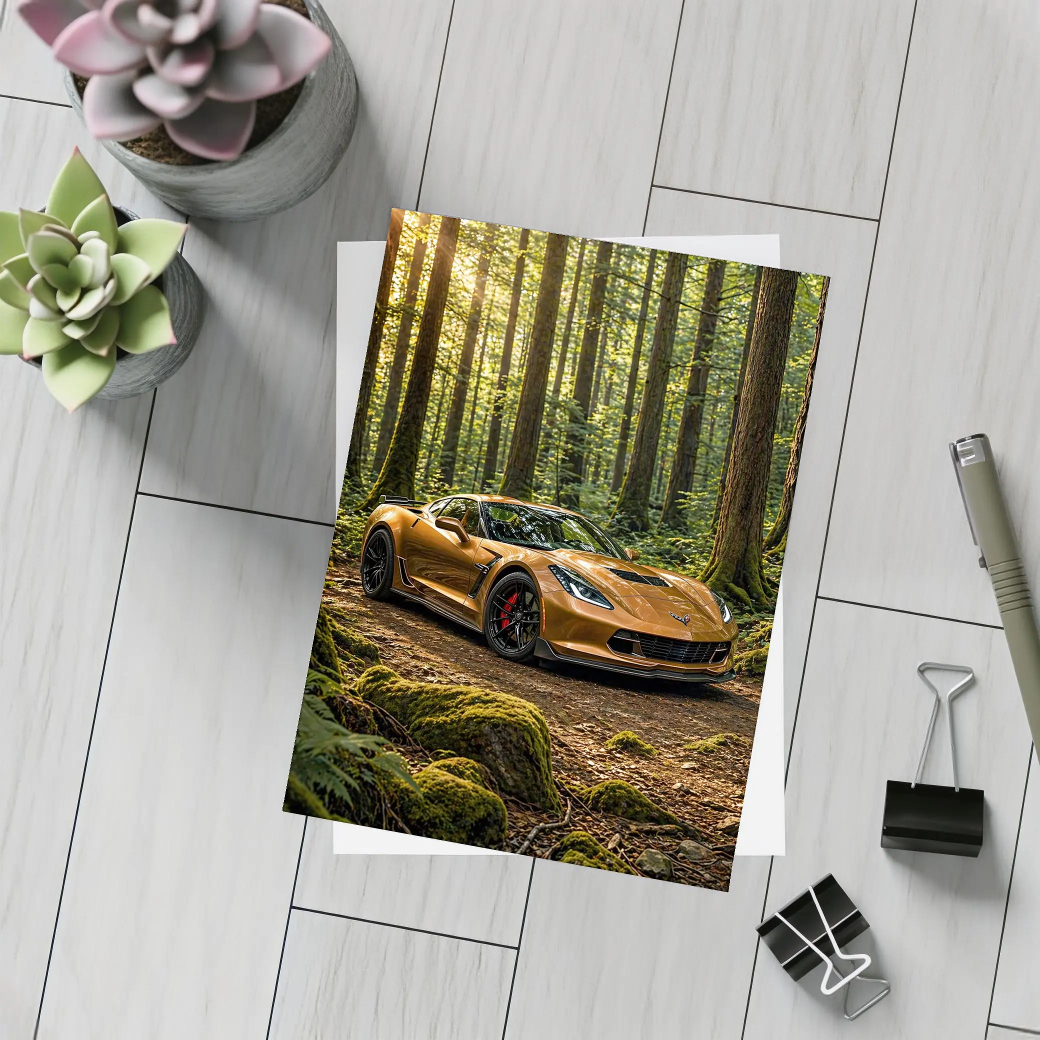 Chevrolet Corvette Bronze Supercar Forest Setting – Postcards
