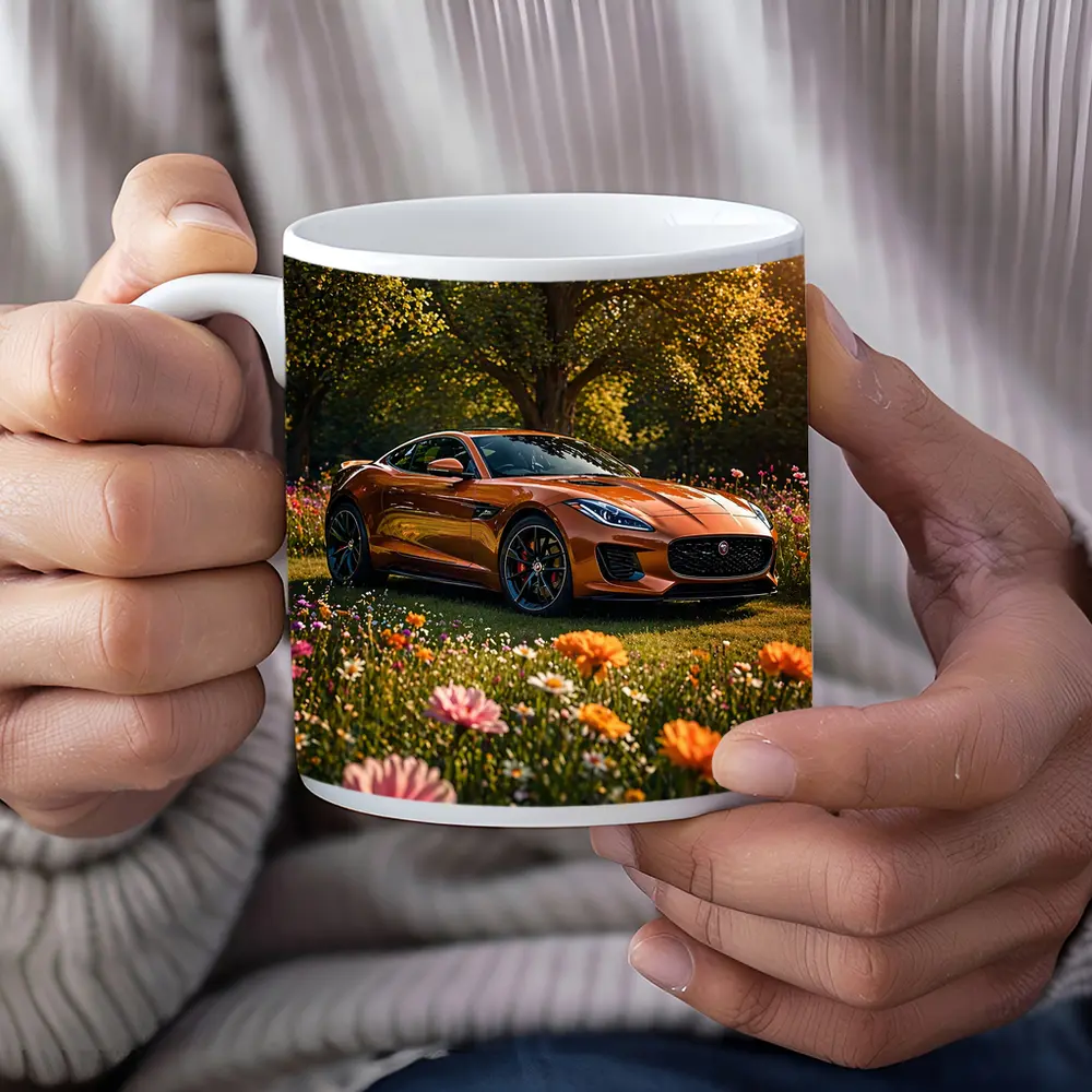 Jaguar F-Type Orange Sports Car Flower Field – Mugs