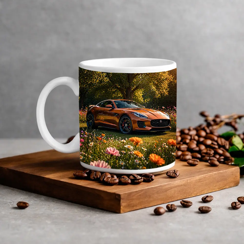 Jaguar F-Type Orange Sports Car Flower Field – Mugs