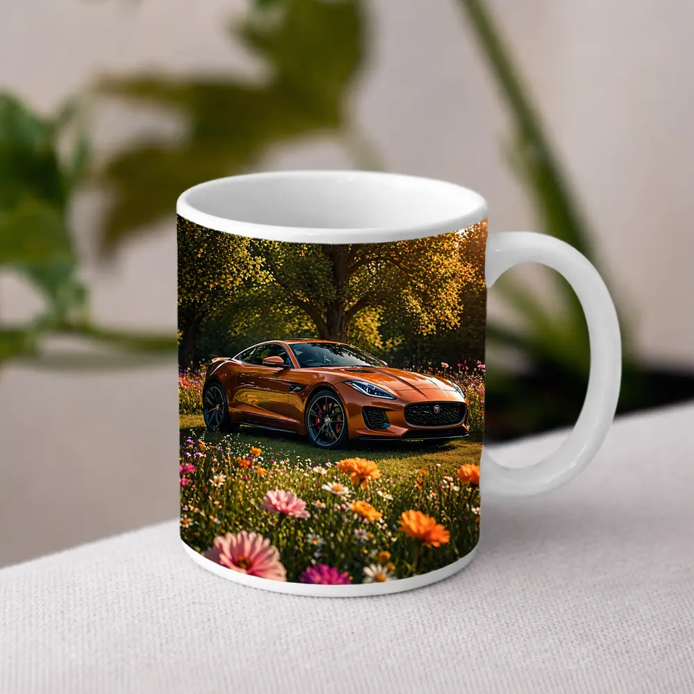 Jaguar F-Type Orange Sports Car Flower Field – Mugs