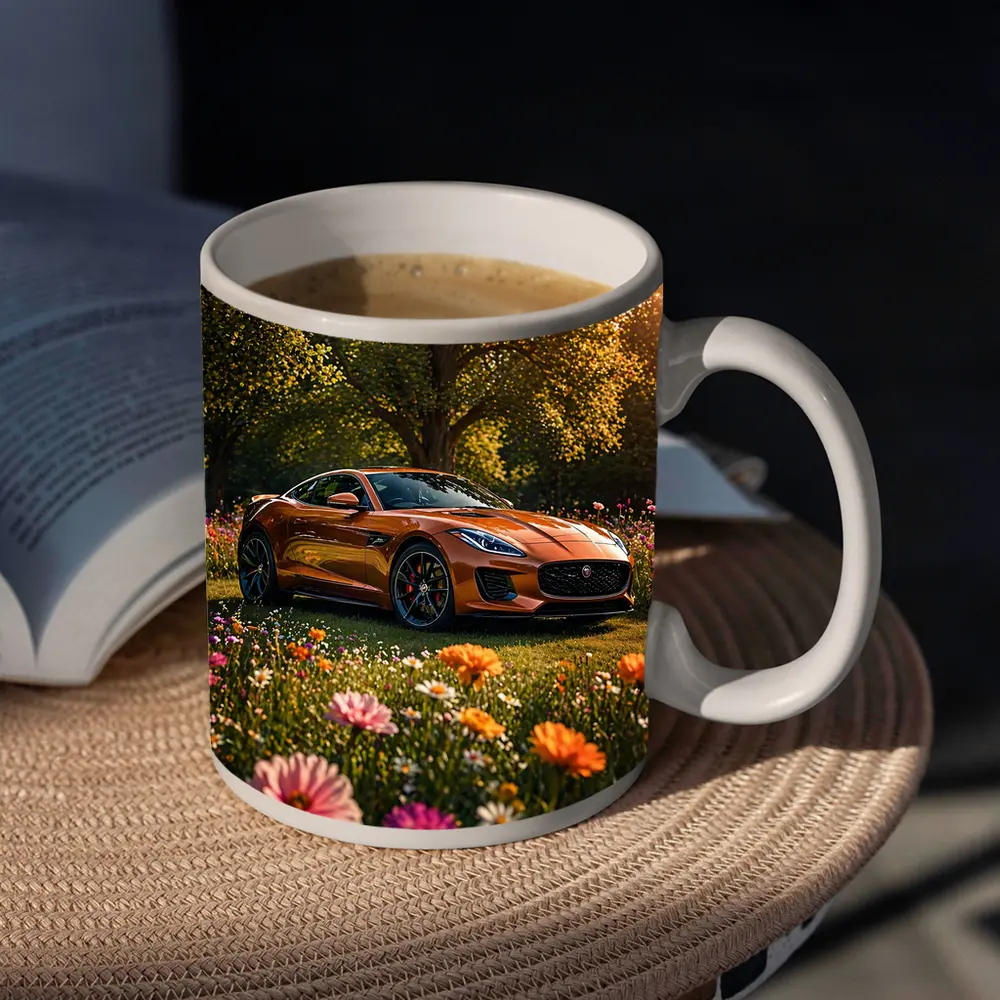 Jaguar F-Type Orange Sports Car Flower Field – Mugs