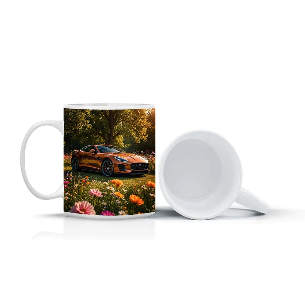 Jaguar F-Type Orange Sports Car Flower Field – Mugs