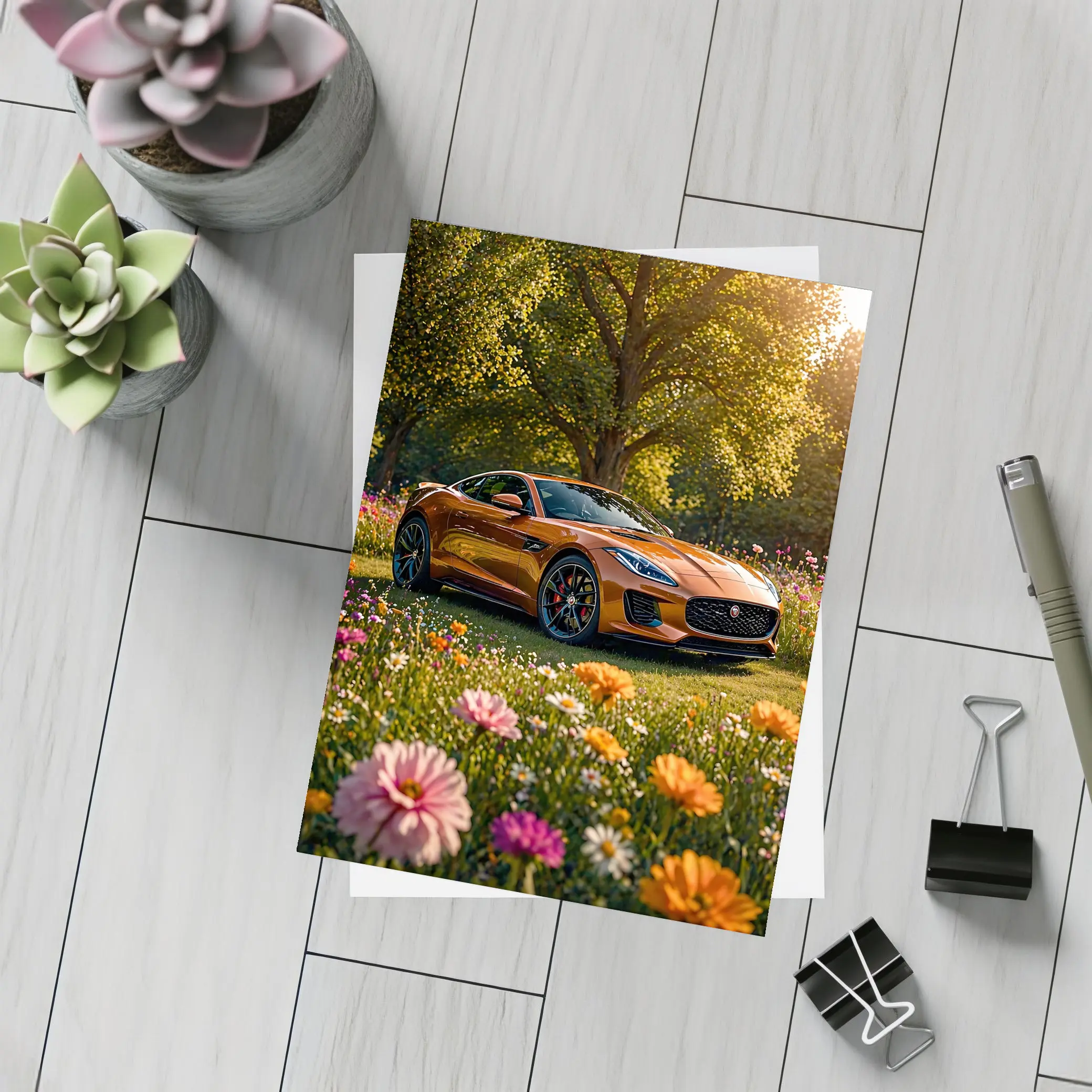 Jaguar F-Type Orange Sports Car Flower Field – Postcards
