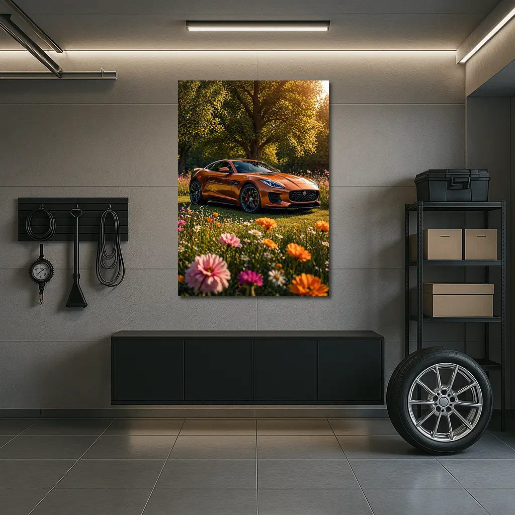 Jaguar F-Type Orange Sports Car Flower Field – Wall Art