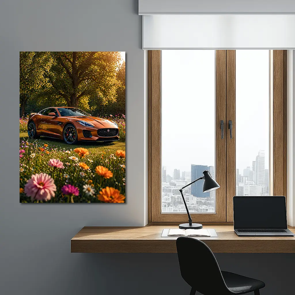Jaguar F-Type Orange Sports Car Flower Field – Wall Art