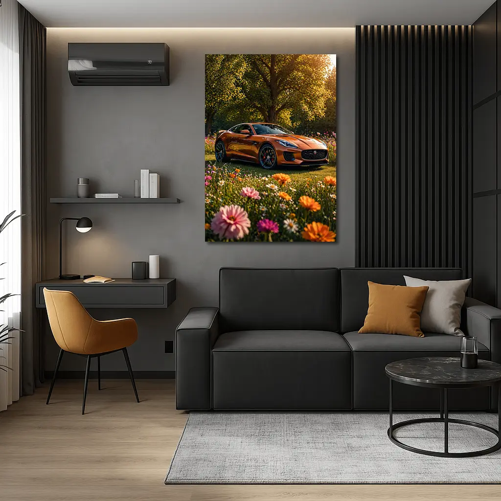 Jaguar F-Type Orange Sports Car Flower Field – Wall Art