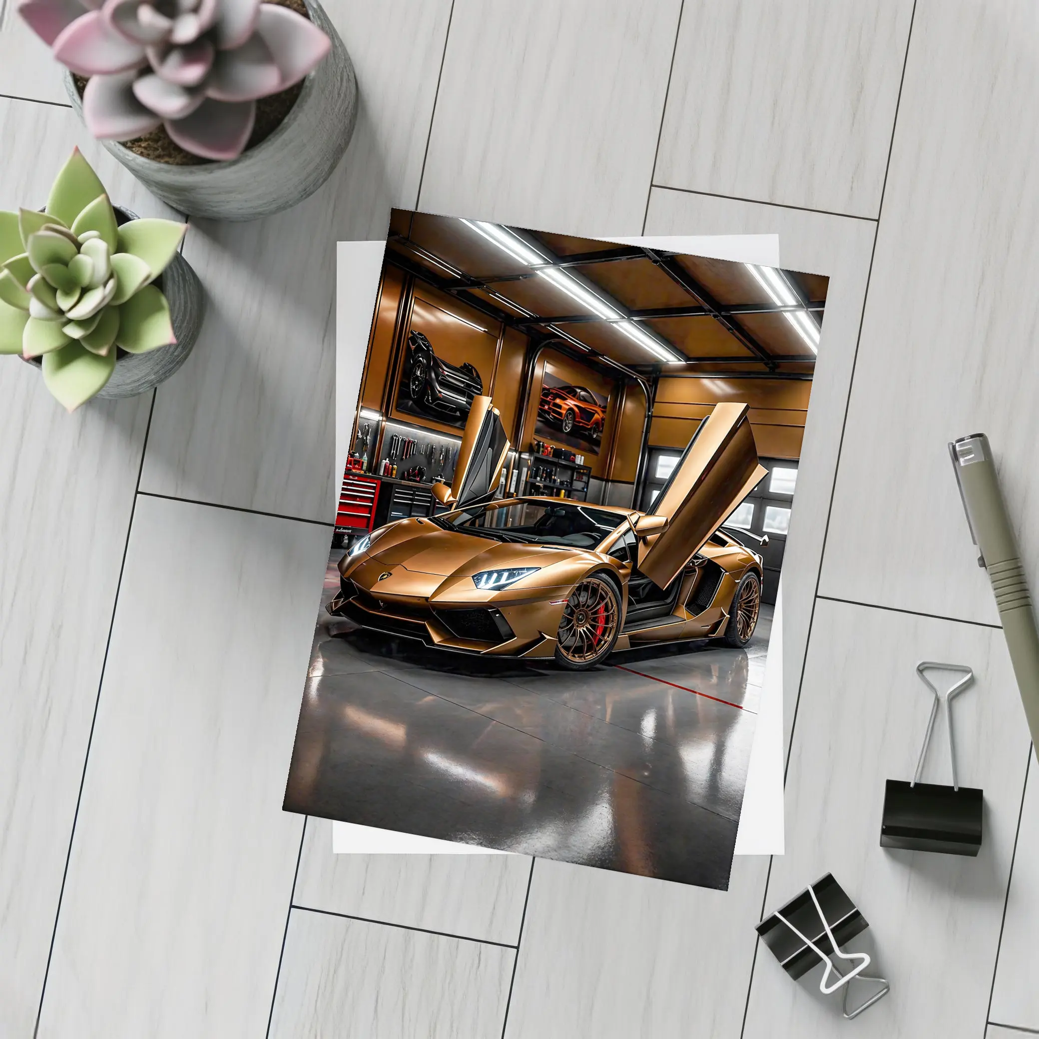 Gold Lamborghini Aventador Inside Luxury Garage – Postcards