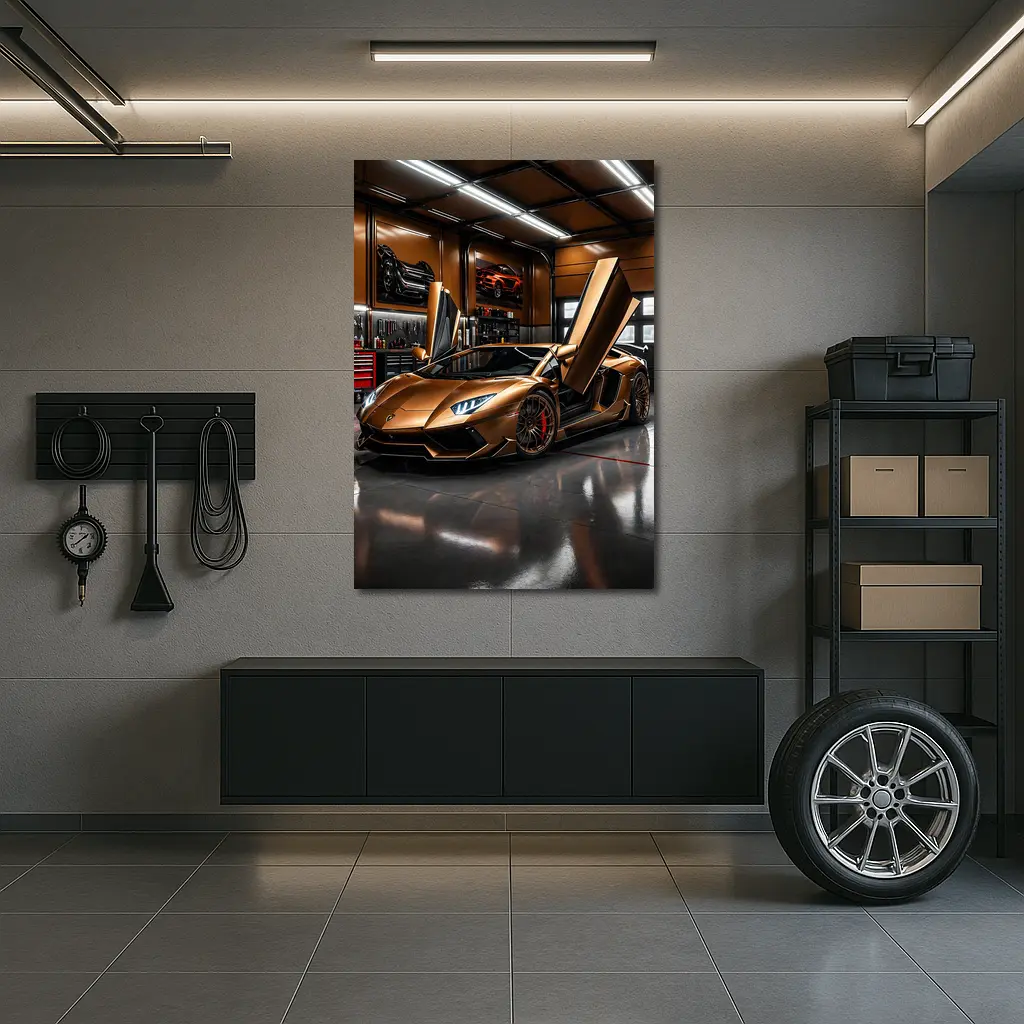 Gold Lamborghini Aventador Inside Luxury Garage – Wall Art