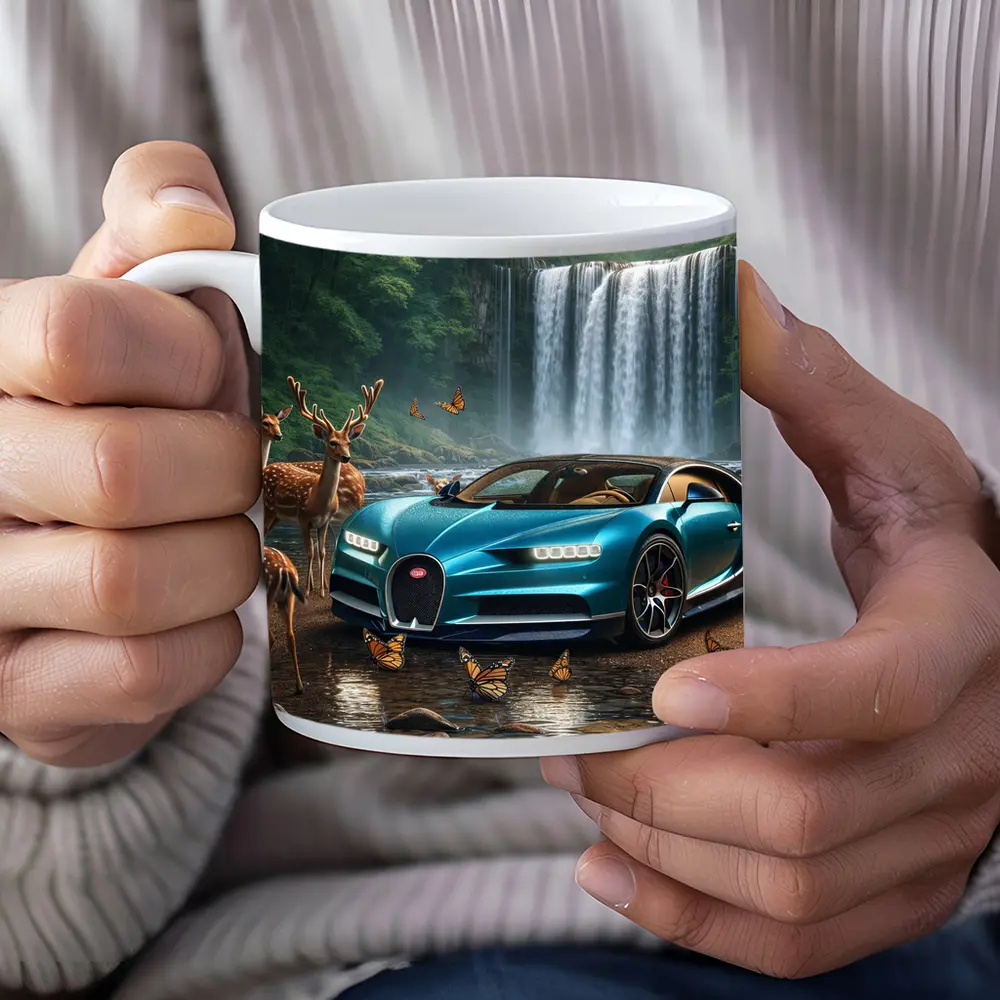 Bugatti Chiron Waterfall Forest Deer Scene – Mugs