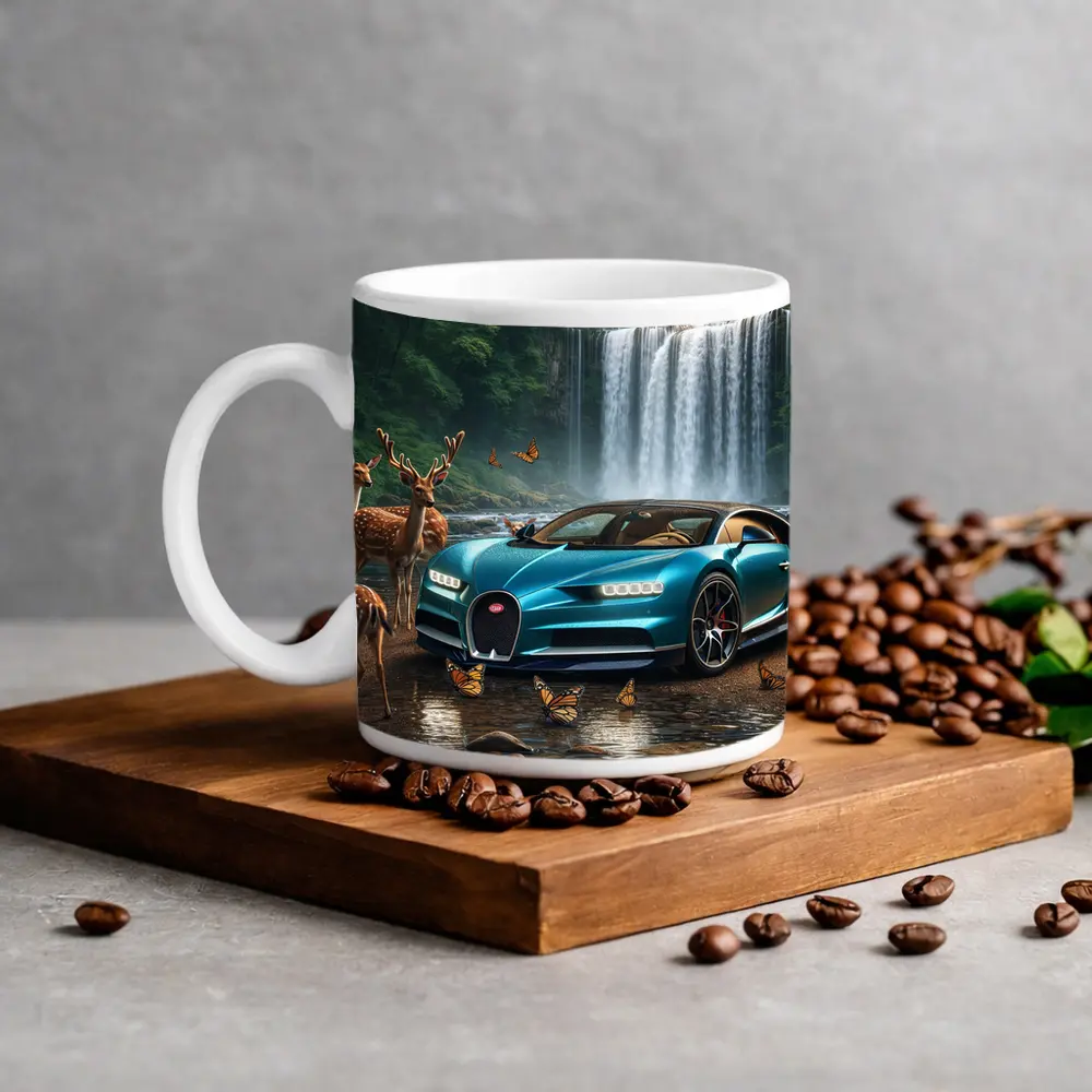 Bugatti Chiron Waterfall Forest Deer Scene – Mugs