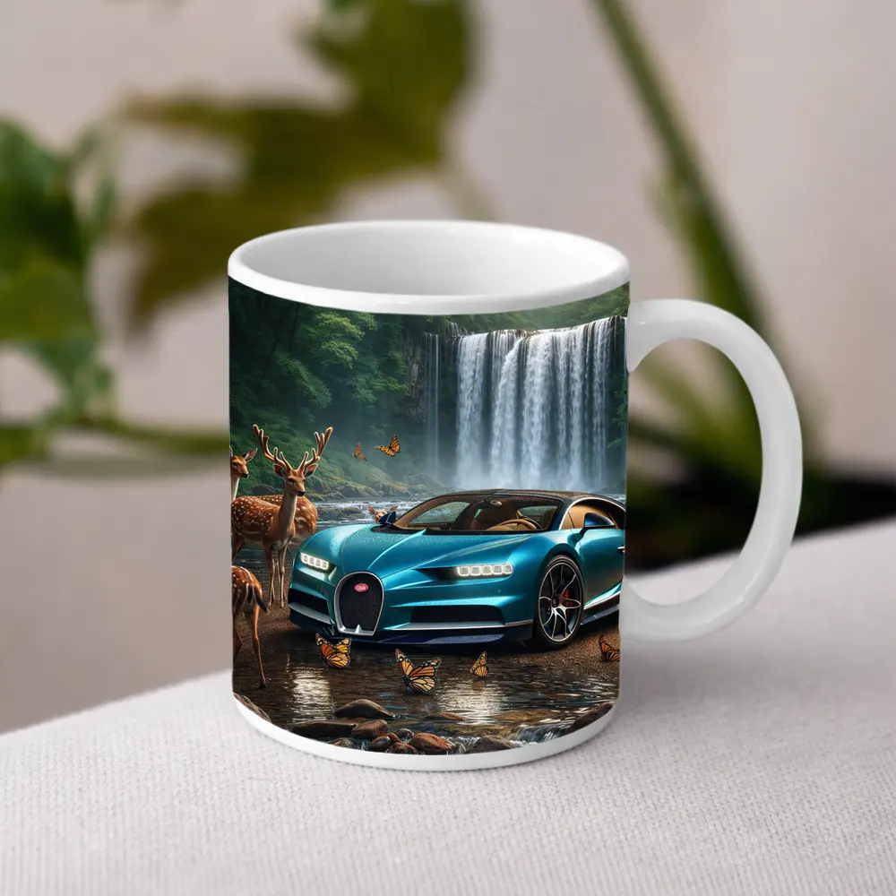 Bugatti Chiron Waterfall Forest Deer Scene – Mugs