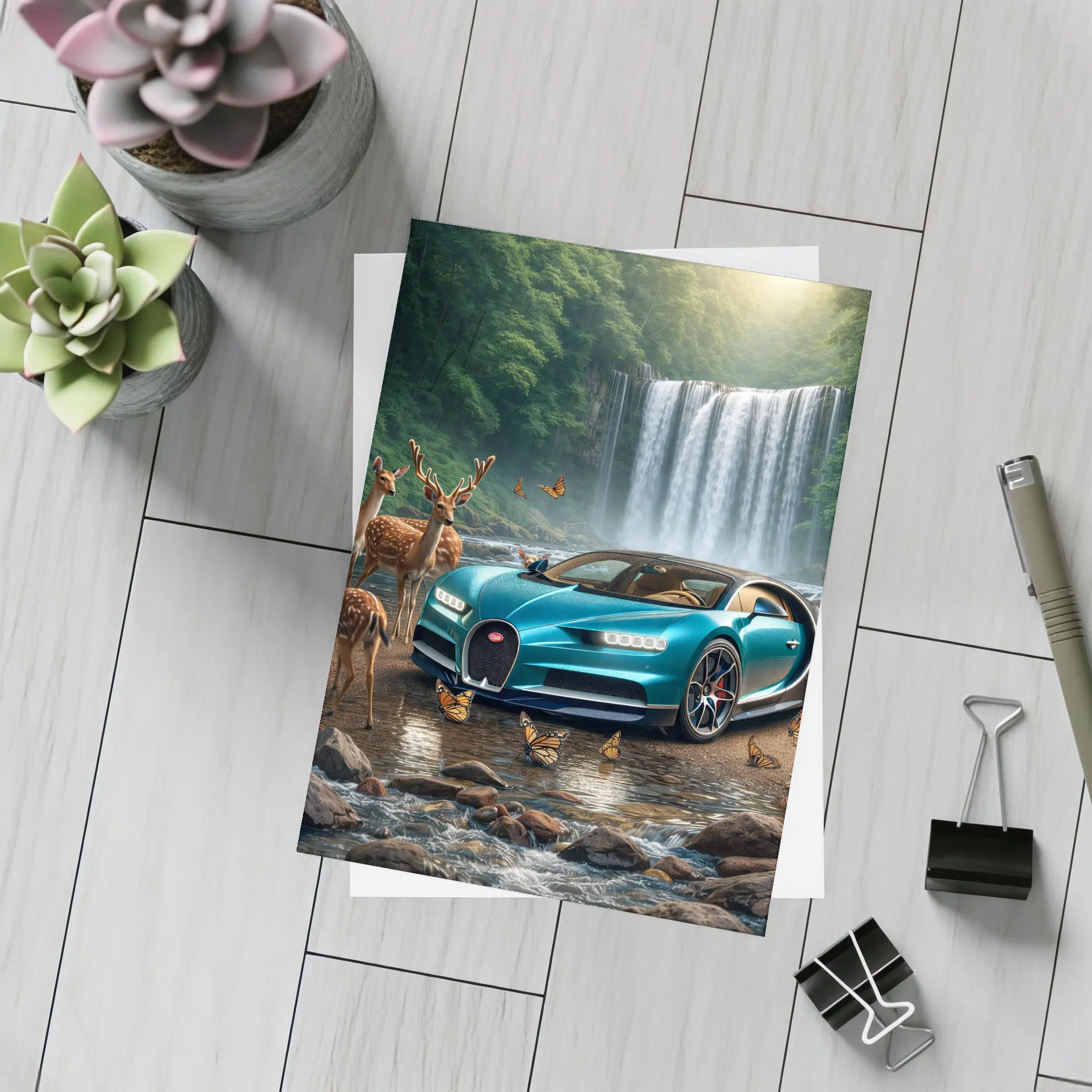 Bugatti Chiron Waterfall Forest Deer Scene – Postcards