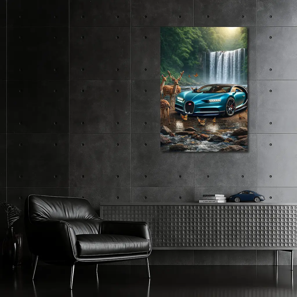 Bugatti Chiron Waterfall Forest Deer Scene – Wall Art