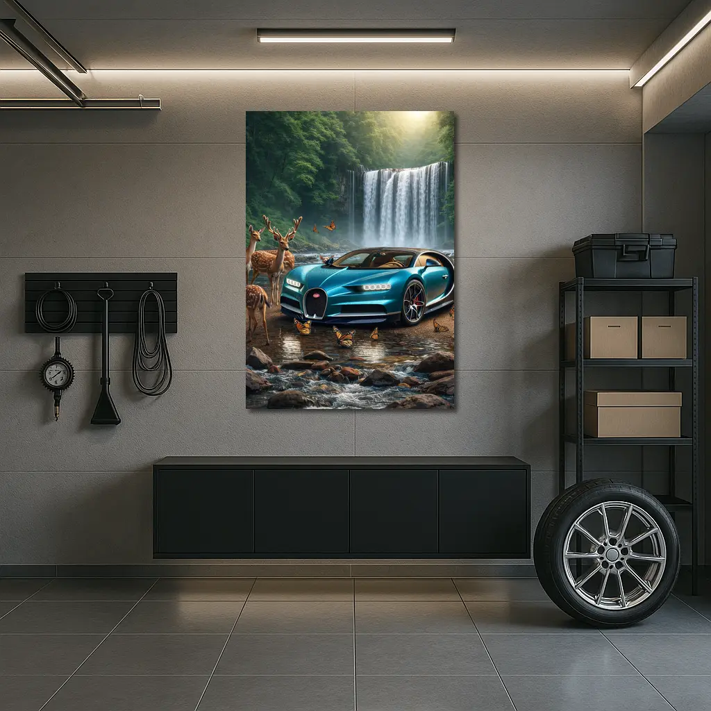 Bugatti Chiron Waterfall Forest Deer Scene – Wall Art