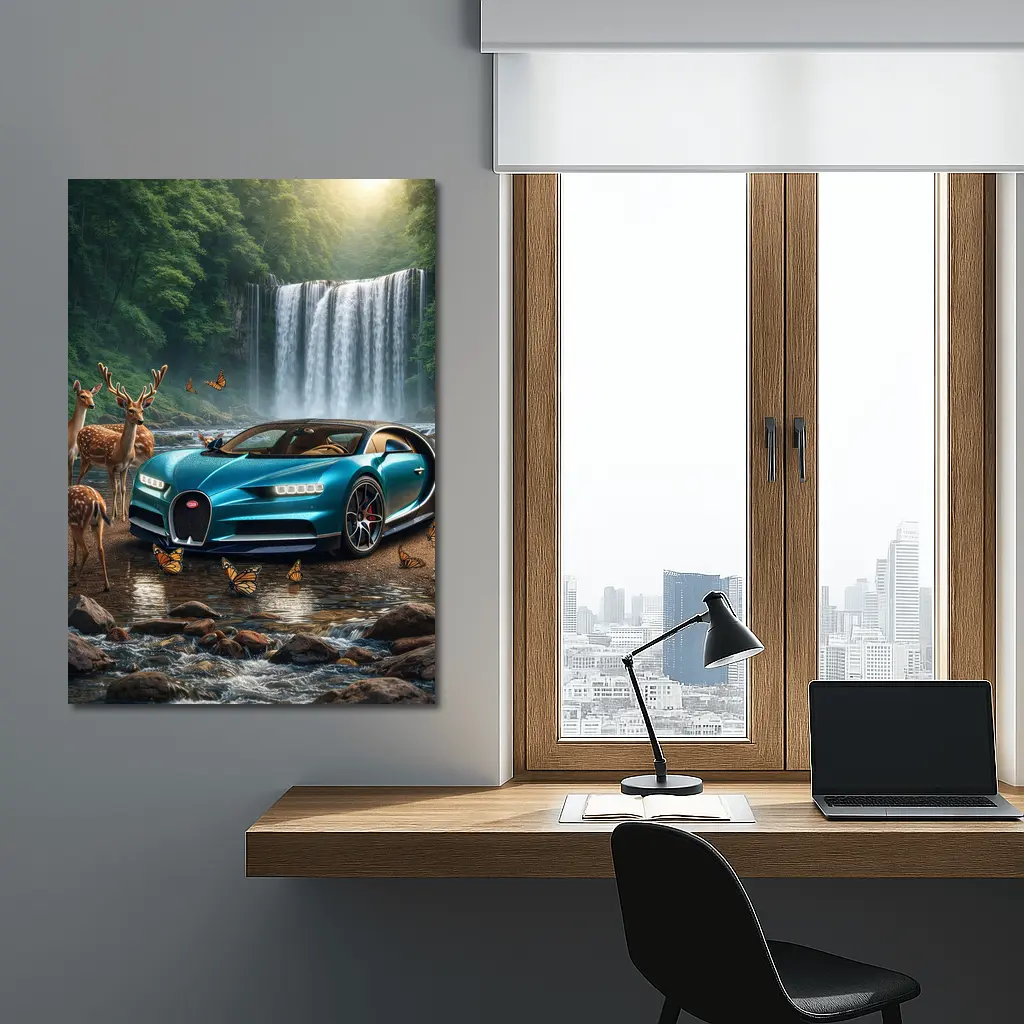 Bugatti Chiron Waterfall Forest Deer Scene – Wall Art