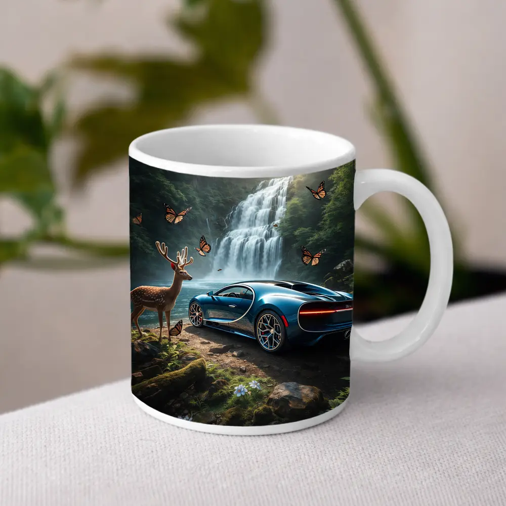Bugatti Chiron Blue Waterfall Forest Deer – Mugs