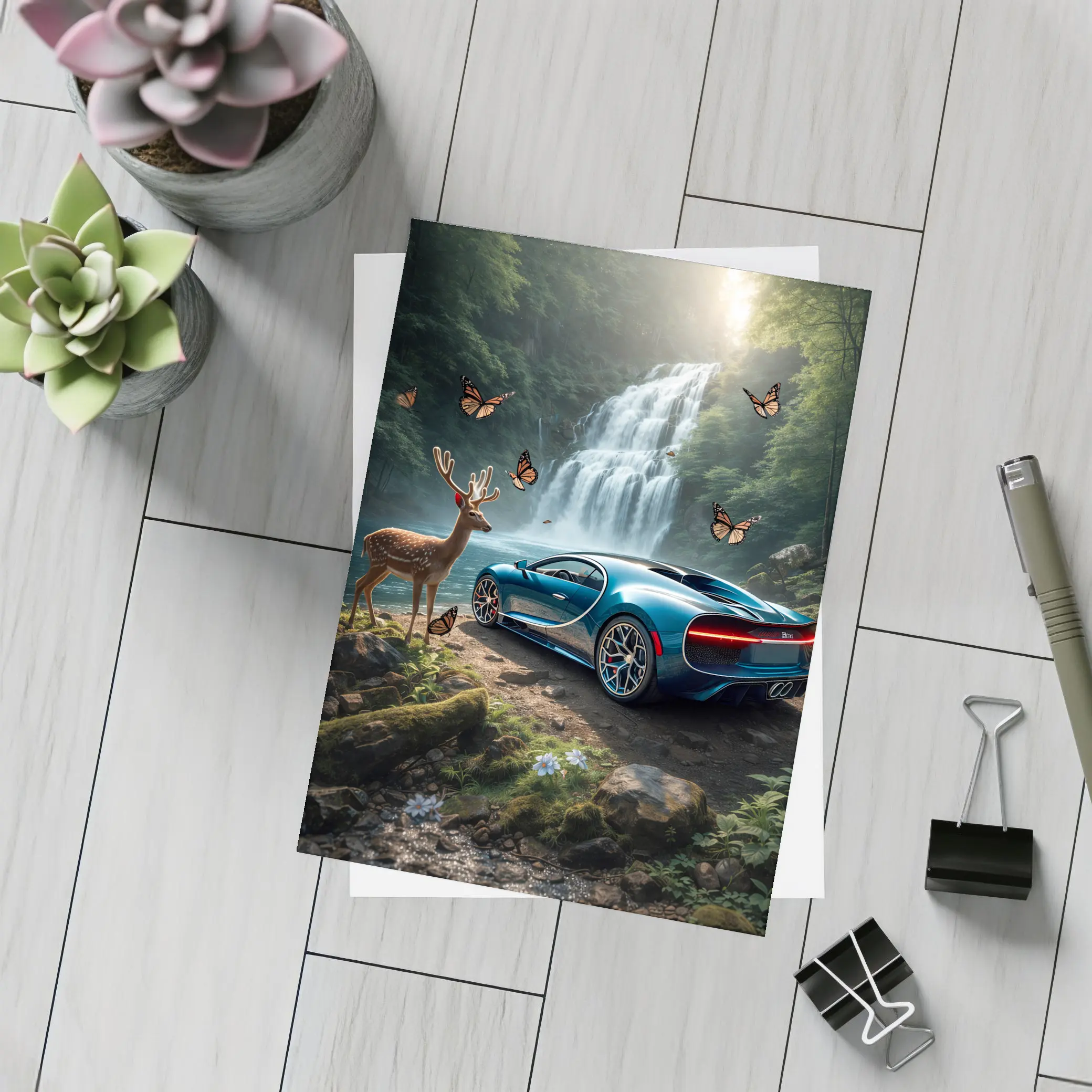 Bugatti Chiron Blue Waterfall Forest Deer – Postcards