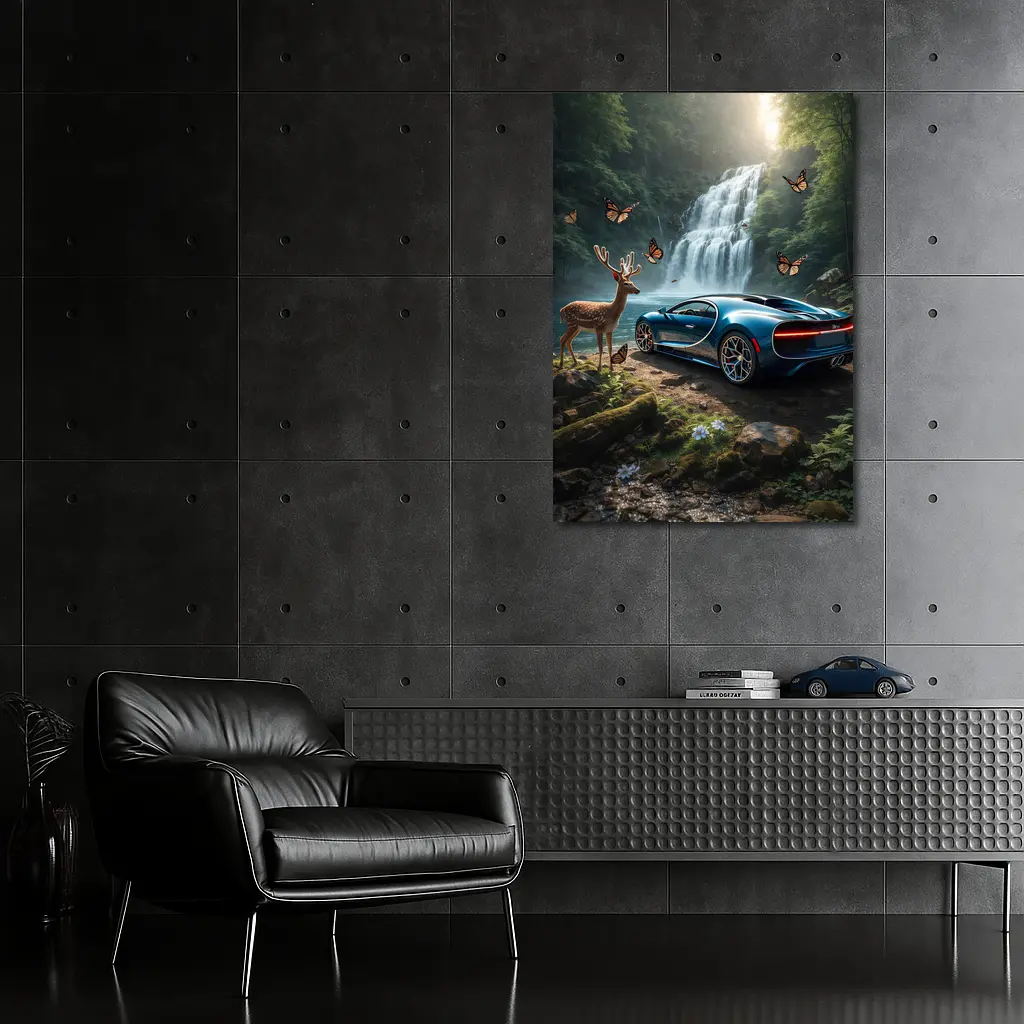 Bugatti Chiron Blue Waterfall Forest Deer – Wall Art