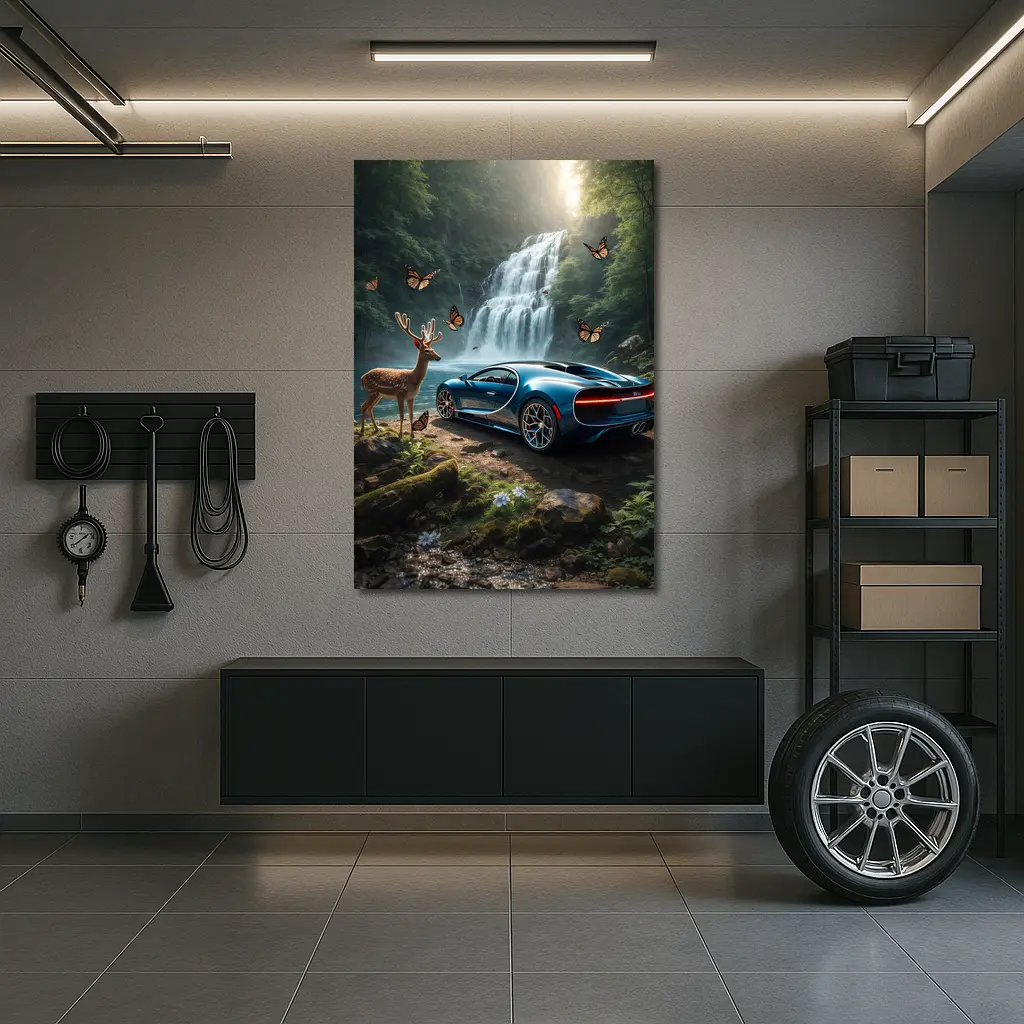 Bugatti Chiron Blue Waterfall Forest Deer – Wall Art