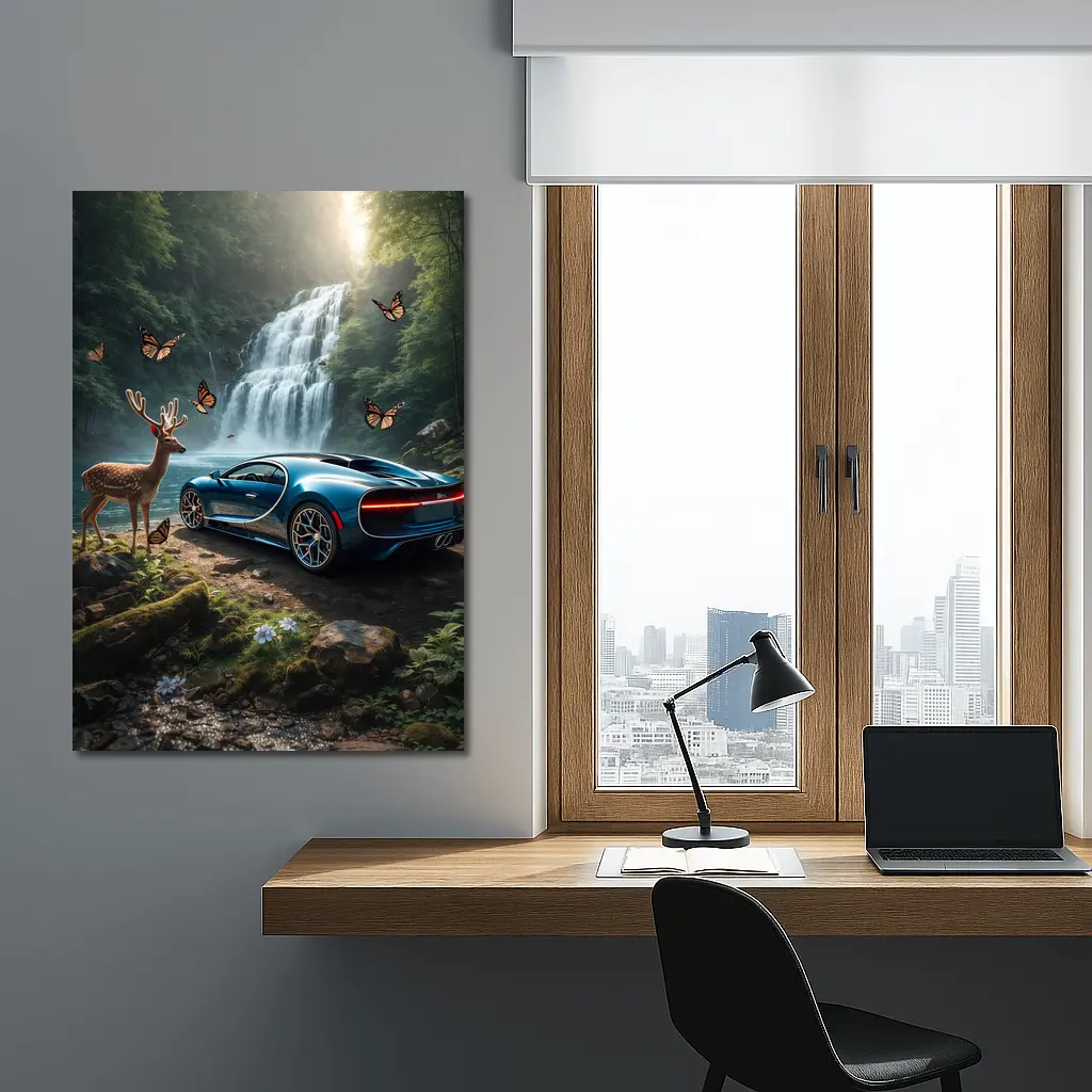 Bugatti Chiron Blue Waterfall Forest Deer – Wall Art