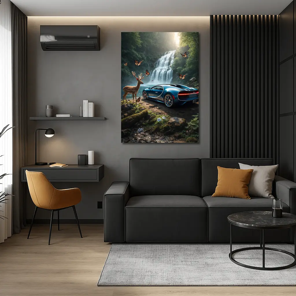 Bugatti Chiron Blue Waterfall Forest Deer – Wall Art