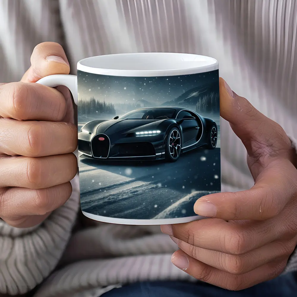 Bugatti Chiron Black Car Snowy Night – Mugs