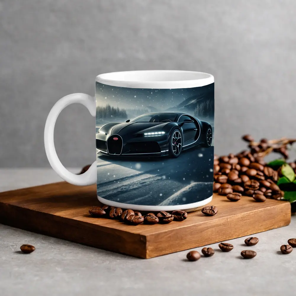 Bugatti Chiron Black Car Snowy Night – Mugs