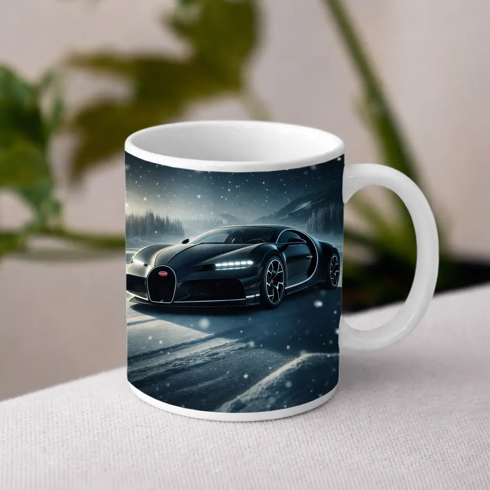Bugatti Chiron Black Car Snowy Night – Mugs